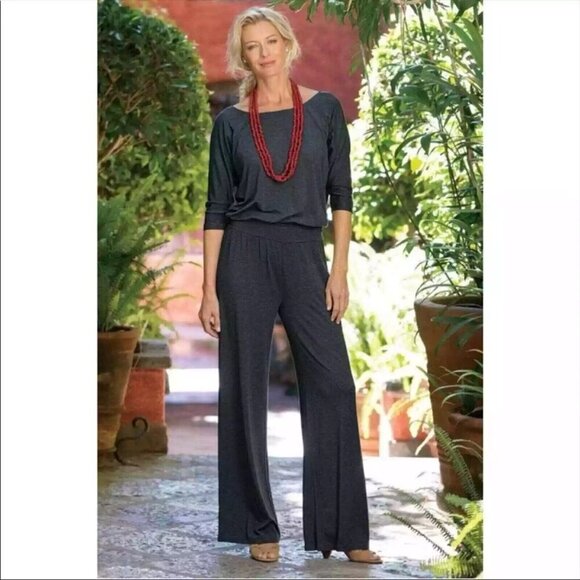Soft Surroundings Toujours Wide Leg Jumpsuit Gray Women Size L Soft Knit Boho - Picture 2 of 9